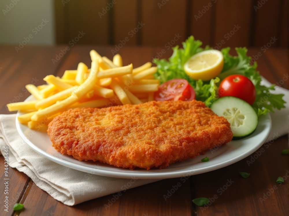 Klassisches Schnitzel mit Beilagen auf einem Holzuntergrund Klassisches Schnitzel mit Beilagen auf einem Holzuntergrund