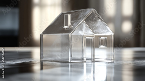 Transparent coin bank shaped like a house, rendered in 3D.  photo