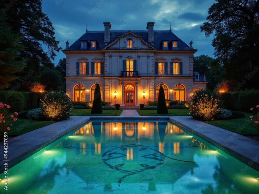 Fototapeta premium Elegante Villa mit Pool bei Nacht