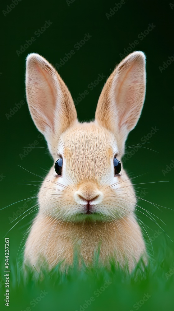 Obraz premium A curious young rabbit sits in vibrant grass under a soft morning light