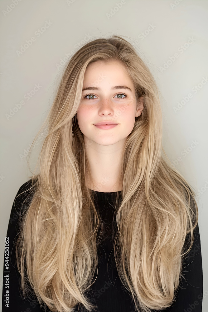 Portrait of a Young Woman with Long Flowing Hair and Calm Expression Portrait of a Young Woman with Long Flowing Hair and Calm Expression