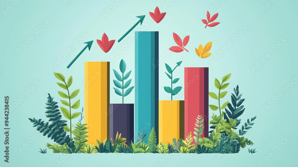 Colorful bar graph surrounded by vibrant plants, representing growth and nature's influence on data and progress. Colorful bar graph surrounded by vibrant plants, representing growth and nature's influence on data and progress.