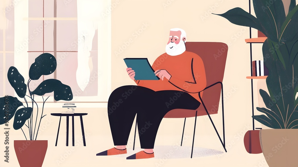 A senior man with a white beard uses a tablet device while sitting in a chair. A senior man with a white beard uses a tablet device while sitting in a chair.