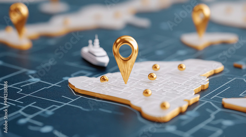 Golden map markers and a ship on a stylized 3D city map, representing navigation, travel, and location services.