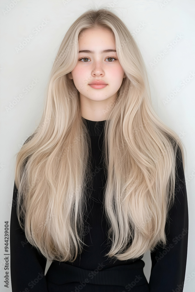 Portrait of a Young Woman with Long Flowing Hair and Calm Expression Portrait of a Young Woman with Long Flowing Hair and Calm Expression