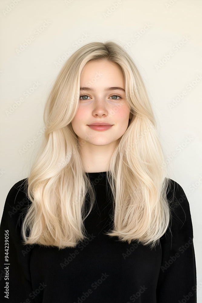 Portrait of a Young Woman with Long Flowing Hair and Calm Expression Portrait of a Young Woman with Long Flowing Hair and Calm Expression