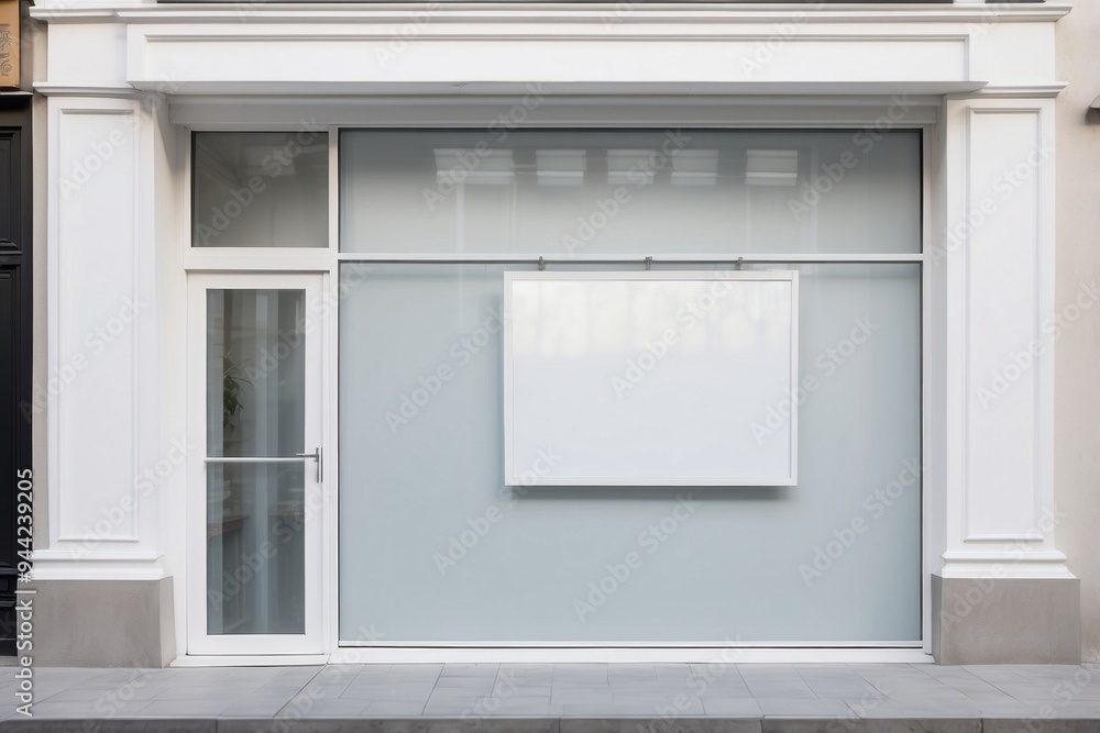 Blank Sign in White Frame Hanging Above Shop Entrance Blank Sign in White Frame Hanging Above Shop Entrance