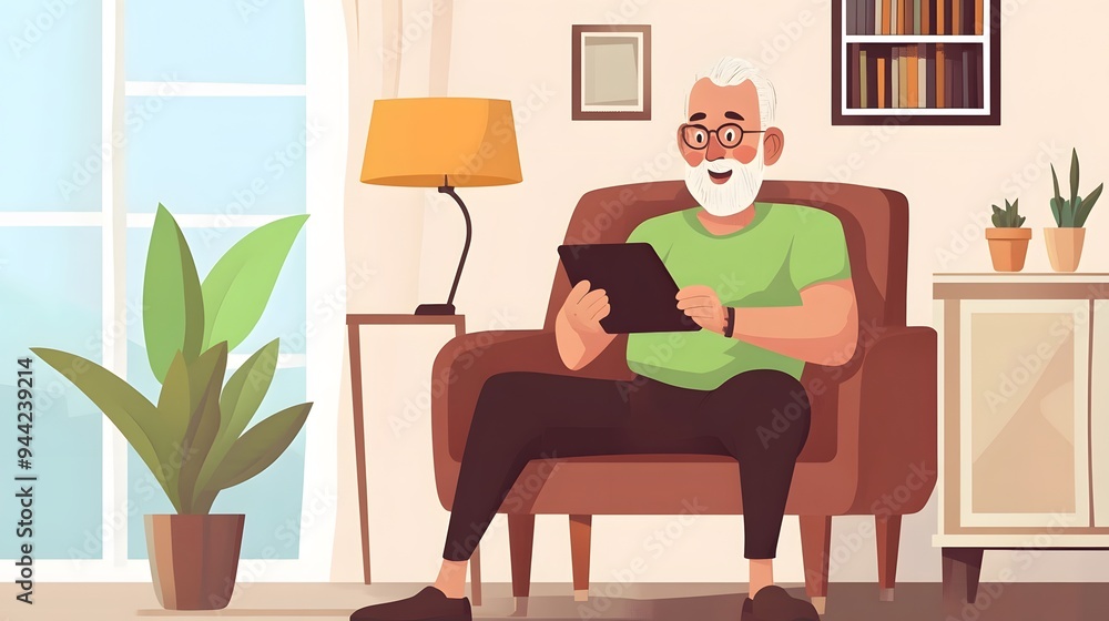 Smiling senior man relaxing in an armchair while browsing on a tablet. Smiling senior man relaxing in an armchair while browsing on a tablet.