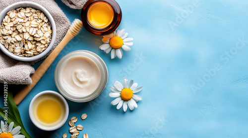 Natural skincare products on blue background, featuring oils, cream, oatmeal, chamomile flowers, and soft cloth. Organic beauty essentials.