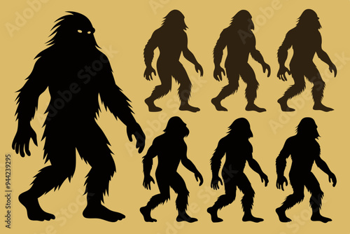 An array of Bigfoot silhouette illustrations showcasing different walking poses of the mythical creature, capturing its iconic and mysterious character.
