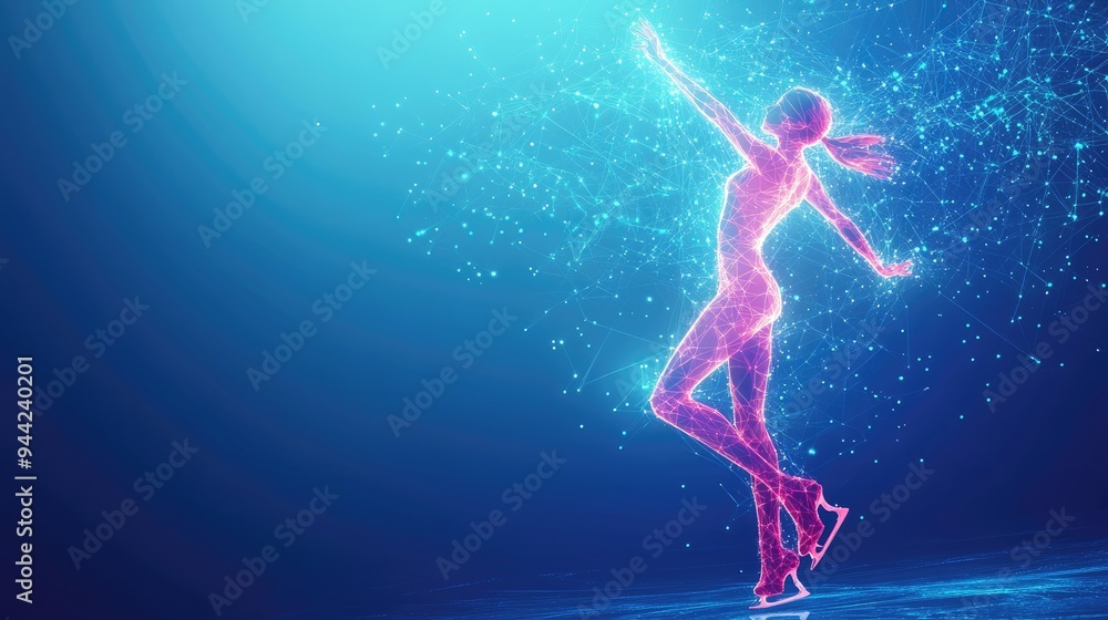 Naklejka premium Creative poster with sportive teen girl, junior female figure skater skating over blue background with neon polygonal elements. Professional sport, beauty, winter sports. Copy space for ad