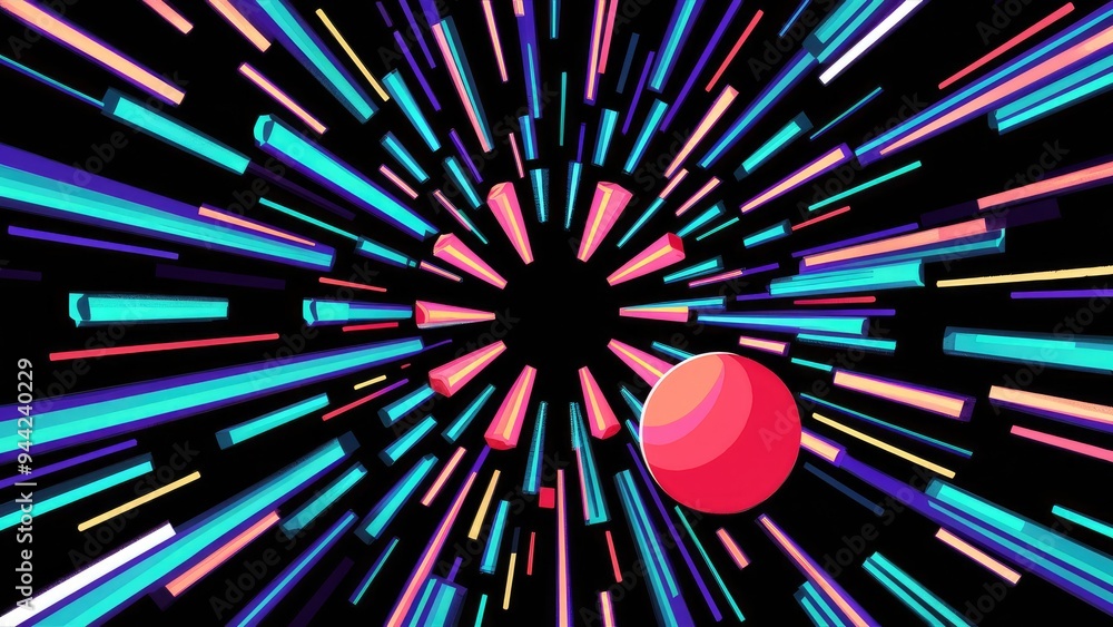 Fototapeta premium Dynamic neon shapes on a black background. Abstract digital artwork showcasing retro-futuristic patterns.