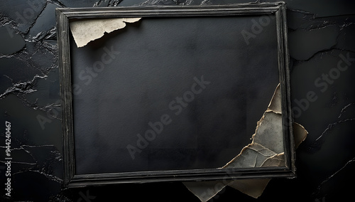 A ripped and scratched ratty grungy grungy grunge texture isolated on black folded edges of an old black square envelope.
