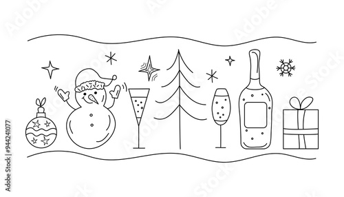 Christmas linear icons, drawings, doodle. Holiday, New Year, Christmas, festive design. Christmas tree, gifts, snowman. Snow, snowflakes. Wine, champagne in glasses.
