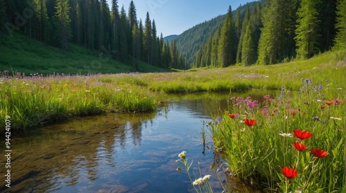 Landscape summer wild river in the mountains photo