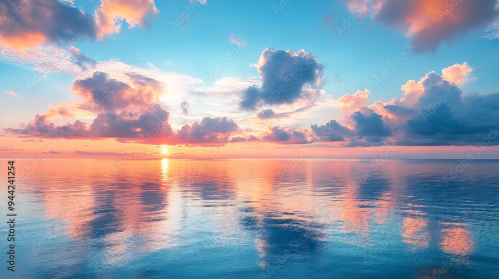 Fototapeta premium Panoramic seascape with vibrant cloudscape at sunset or sunrise, reflected in the tranquil waters. The breathtaking natural spectacle creates a stunning backdrop for this serene seascape. 
