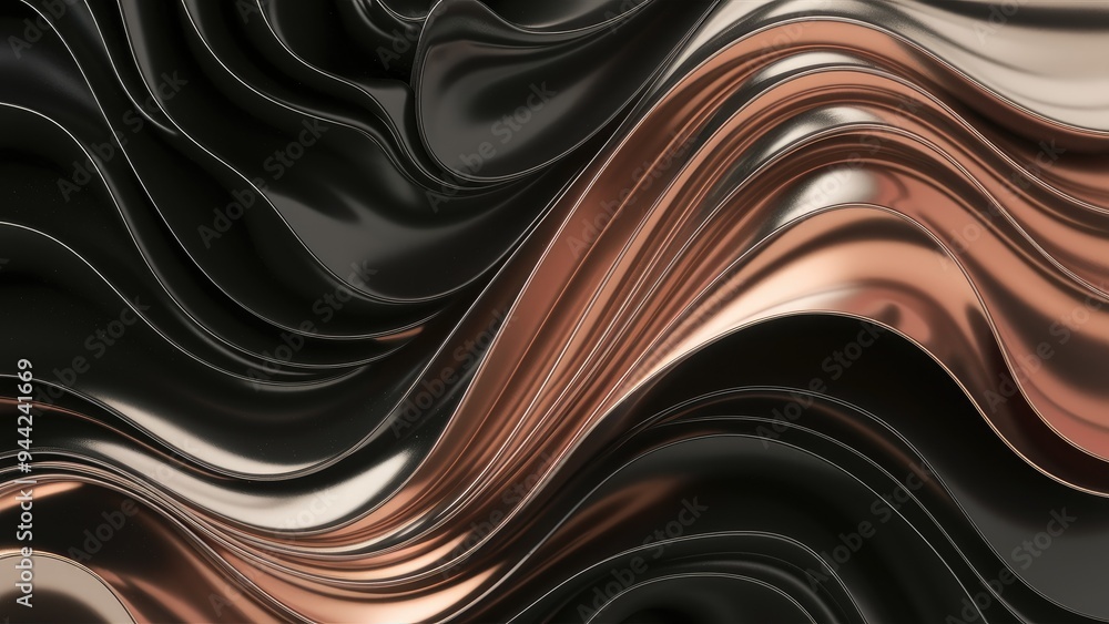 Elegant abstract background featuring a wavy band in black and rainbow metallic hues, conveying a sense of calmness. High-quality 3D rendering illustration. Elegant abstract background featuring a wavy band in black and rainbow metallic hues, conveying a sense of calmness. High-quality 3D rendering illustration.