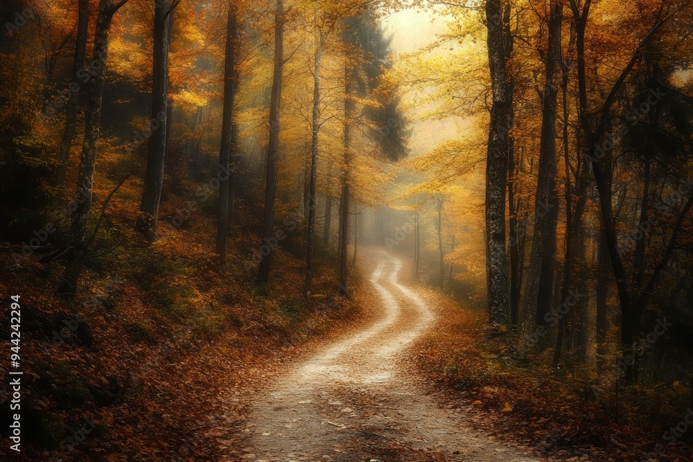 Naklejka premium Winding Forest Path in Golden Autumn Light