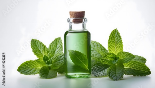 mint essential oil in a sleek glass bottle on a natural background