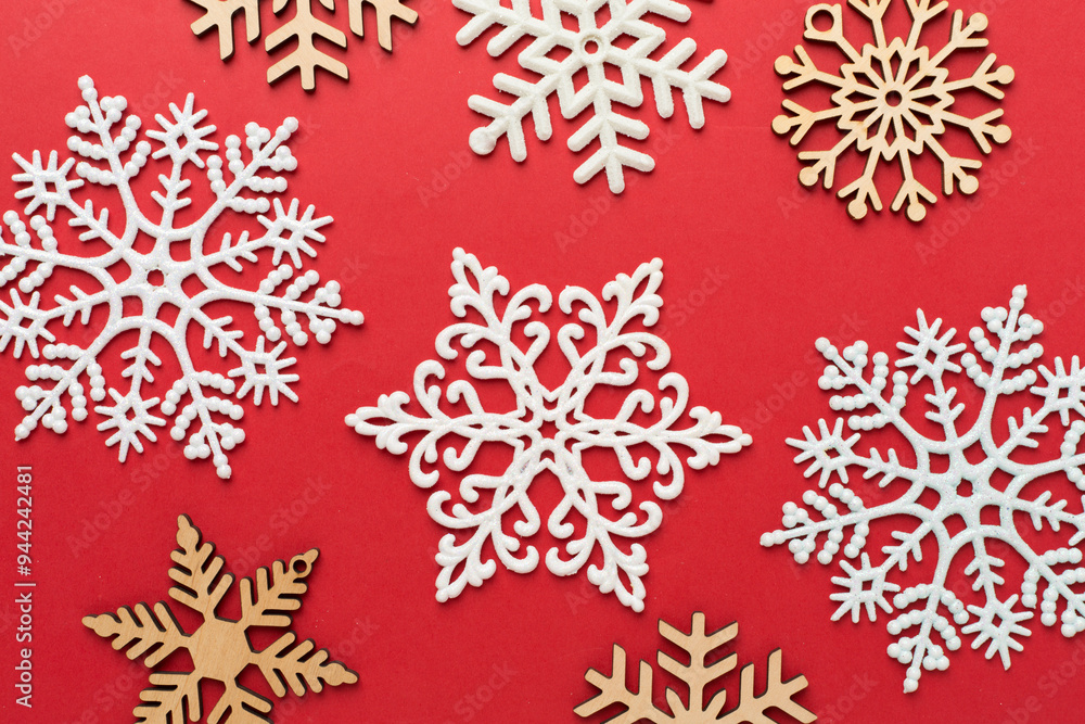 Beautiful snowflake on color background, top view Beautiful snowflake on color background, top view