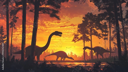 Prehistoric dinosaurs wander through a vibrant sunset forest. Silhouettes of pelorosaurus, corythosaurus and argentavis portray the creatures in their natural habitat during the Jurassic era.  photo