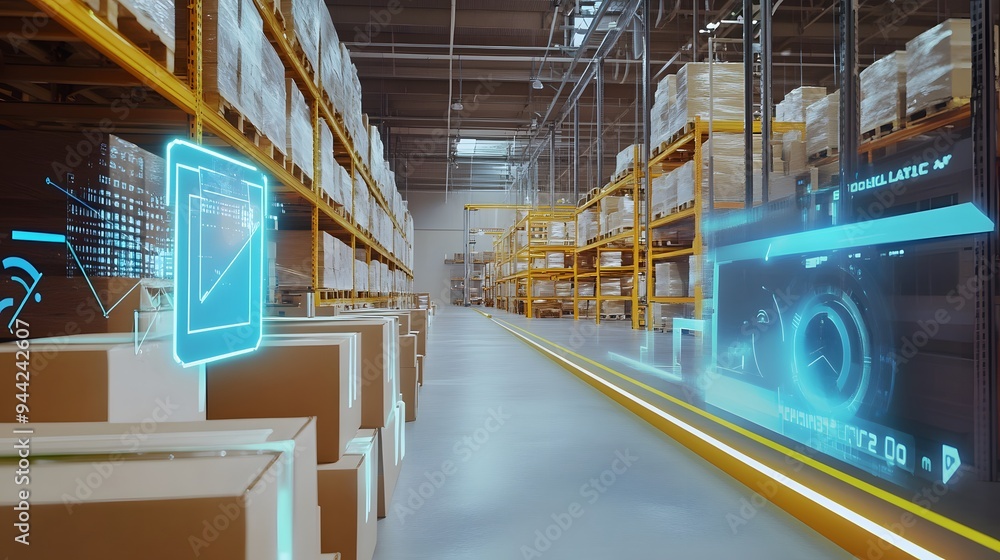 A warehouse with boxes stacked high on shelves, with digital interface overlays on the floor and walls. A warehouse with boxes stacked high on shelves, with digital interface overlays on the floor and walls.