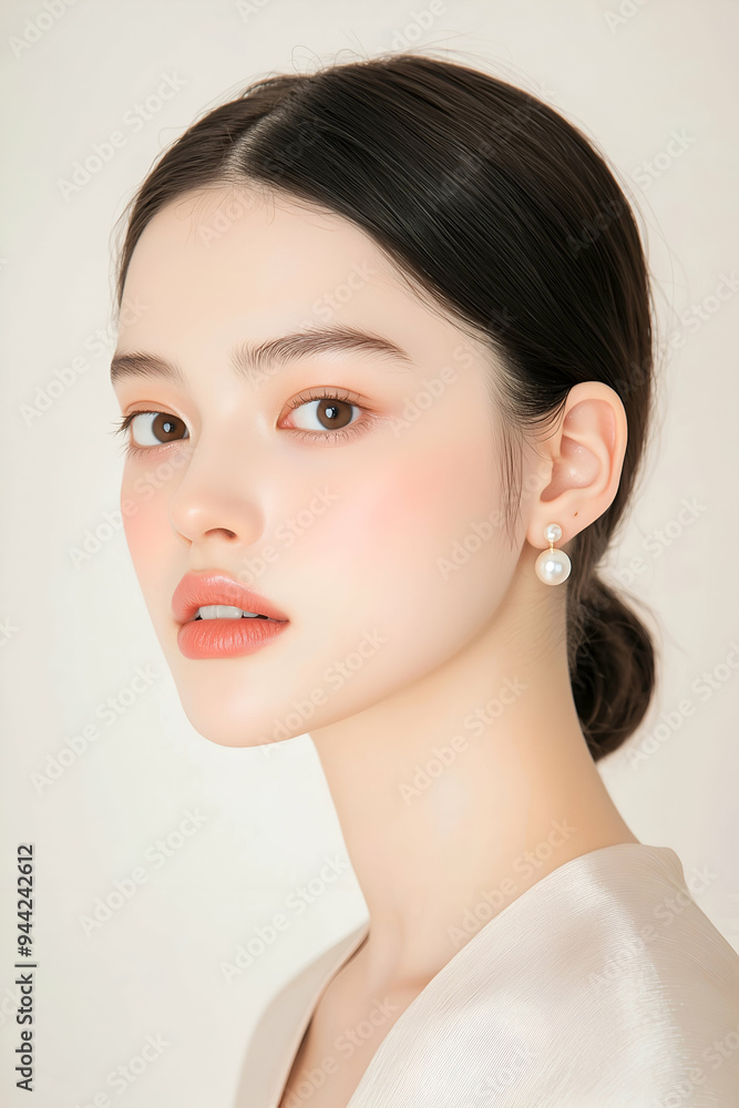 Elegant Young Woman with Classic Pearl Earrings and Soft Expression Elegant Young Woman with Classic Pearl Earrings and Soft Expression