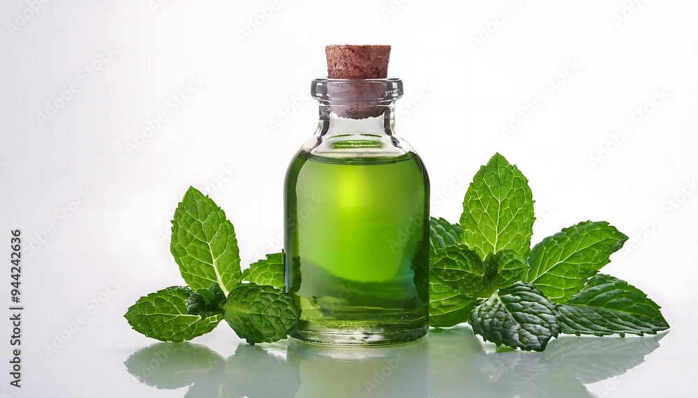 mint essential oil in a sleek glass bottle on a natural background mint essential oil in a sleek glass bottle on a natural background