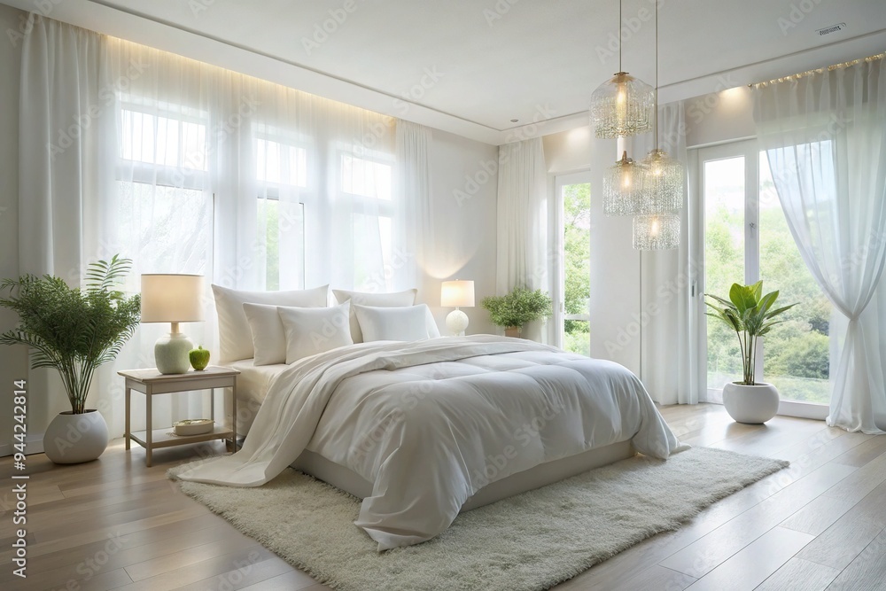 Serene white bedroom with plush comforter, crisp linens, and minimalist decor, illuminated by soft natural light pouring through sheer curtains. Serene white bedroom with plush comforter, crisp linens, and minimalist decor, illuminated by soft natural light pouring through sheer curtains.