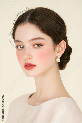 Elegant Young Woman with Classic Pearl Earrings and Soft Expression