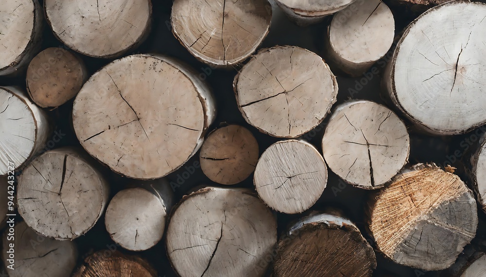 Fototapeta premium High-Resolution Wallpaper of Wood Logs Viewed from Above, Featuring Detailed Grain Patterns and Natural Textures of Cut Timber in Warm Earthy Tones, Perfect for Rustic and Cozy Interior Decor Themes