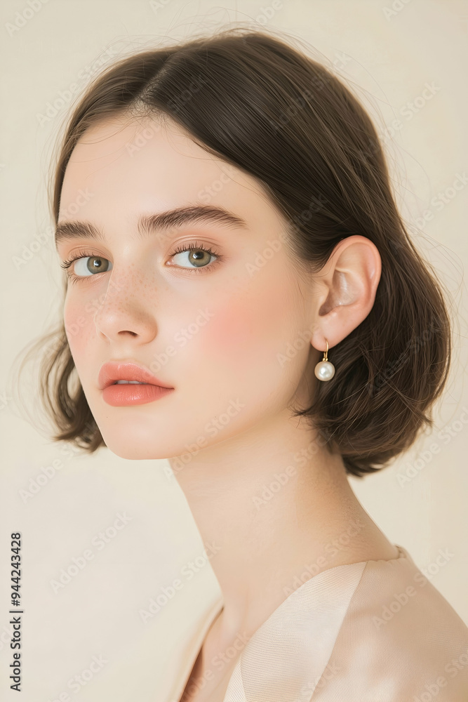 Fototapeta premium Elegant Young Woman with Classic Pearl Earrings and Soft Expression