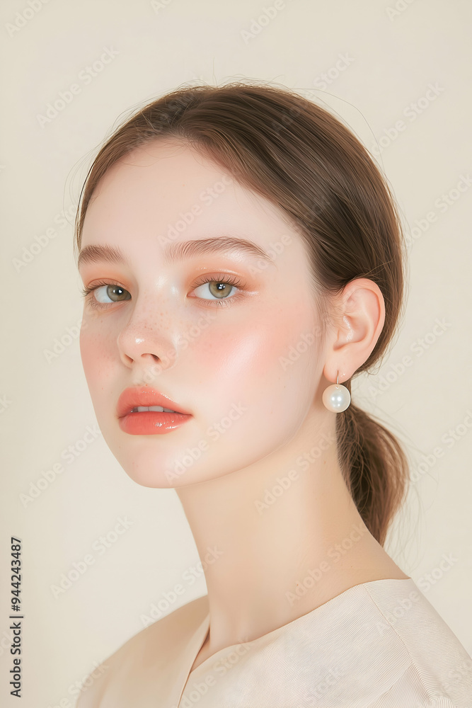 Elegant Young Woman with Classic Pearl Earrings and Soft Expression Elegant Young Woman with Classic Pearl Earrings and Soft Expression