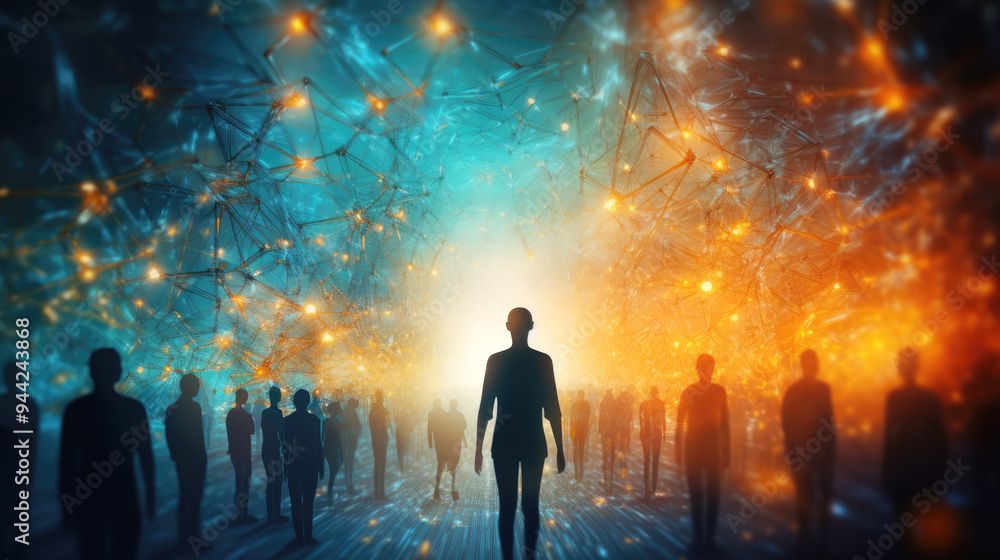 generated illustration of man walking on blue green and yellow futuristic space blurred background generated illustration of man walking on blue green and yellow futuristic space blurred background