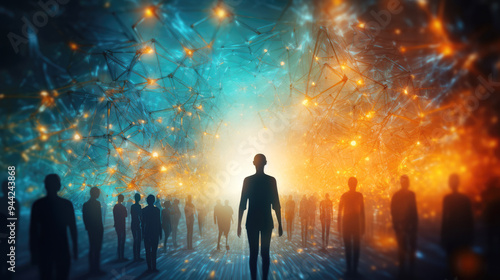 generated illustration of man walking on blue green and yellow futuristic space blurred background