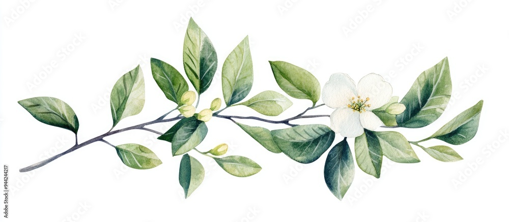 Watercolor illustration of leaves and a flower on a white background Watercolor illustration of leaves and a flower on a white background
