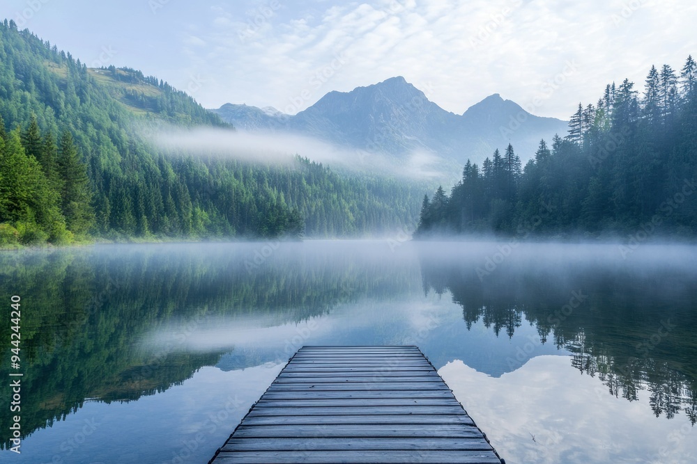 Wooden Dock Extending into a Misty Mountain Lake Wooden Dock Extending into a Misty Mountain Lake
