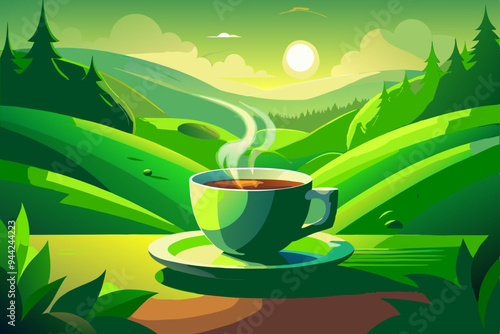 A cup of coffee on a saucer against the background of the rising sun, AI Generation