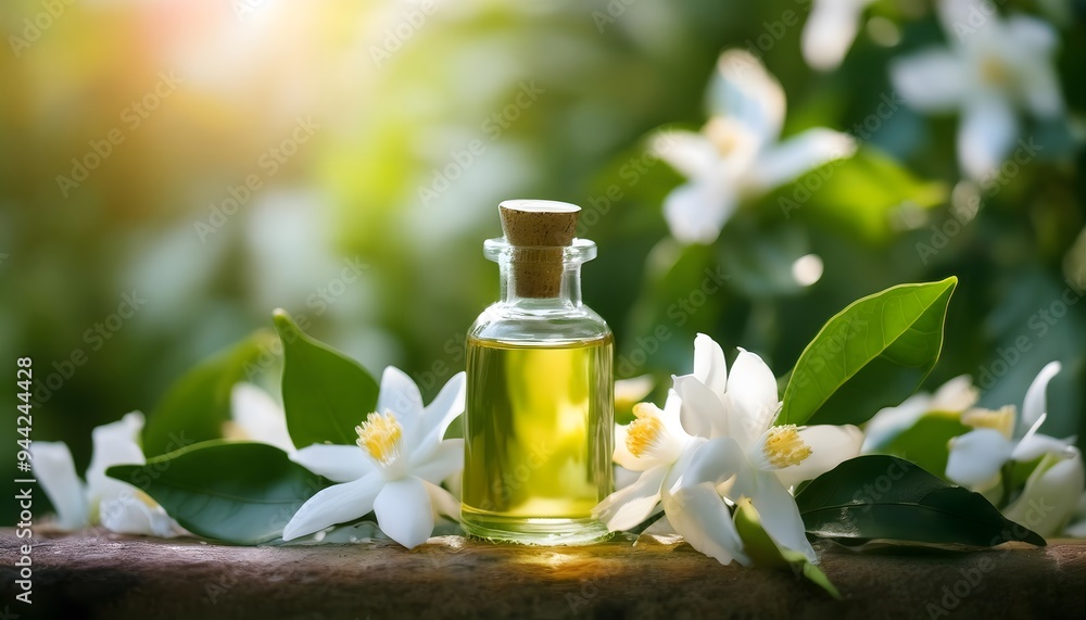 Neroli essential oil in a delicate glass bottle, surrounded by blooming Neroli essential oil in a delicate glass bottle, surrounded by blooming