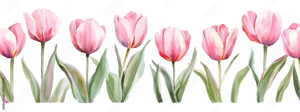 Watercolor illustration of pink tulips on a white background suitable for greeting cards or invitations for various celebrations Watercolor illustration of pink tulips on a white background suitable for greeting cards or invitations for various celebrations