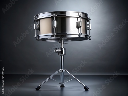 Shiny metal tom drum with curved shell and smooth surface, positioned on a sleek black stand, against a neutral gray studio background. photo