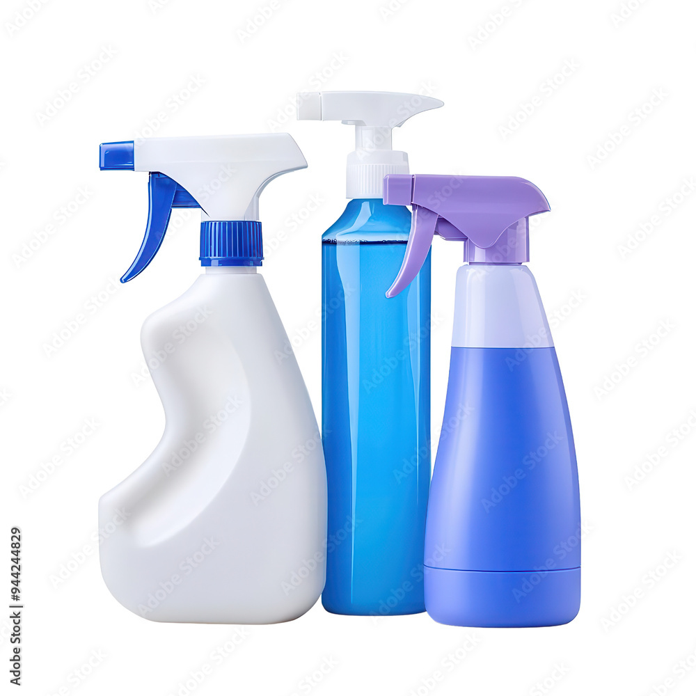 Collection of cleaning spray bottles in various colors, ideal for housekeeping, sanitation, and cleaning services isolate on transparency background Collection of cleaning spray bottles in various colors, ideal for housekeeping, sanitation, and cleaning services isolate on transparency background