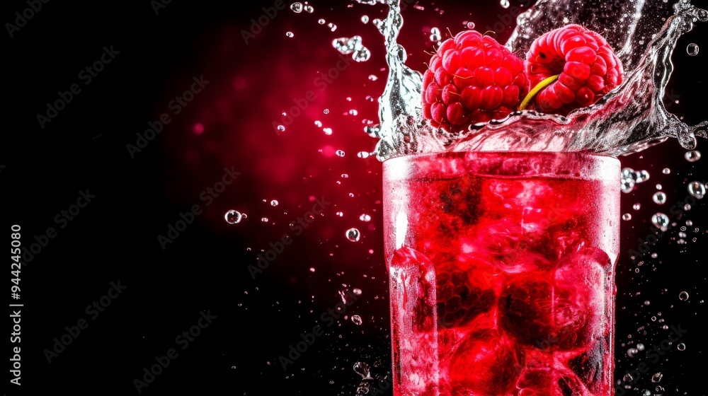 Refreshing Raspberry Drink with Ice Cubes and Water Splash Refreshing Raspberry Drink with Ice Cubes and Water Splash