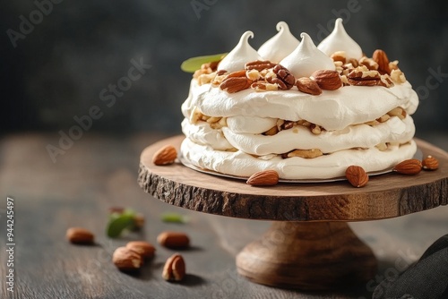 An elegant chocolate swirl pavlova topped with crushed pecans and caramelized pears photo