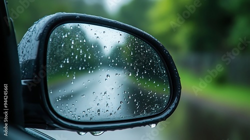 Raindrops trickle down a car's side mirror, blurring the view on a rainy day. As the raindrops slide down, they create a mesmerizing effect, obscuring the surroundings