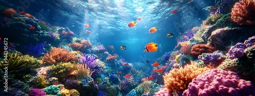 Underwater coral reef with colorful fish and sea life, a vibrant marine landscape. An ocean underwater scene with sunlight filtering through the water