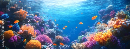 Underwater coral reef with colorful fish and sea life, a vibrant marine landscape. An ocean underwater scene with sunlight filtering through the water