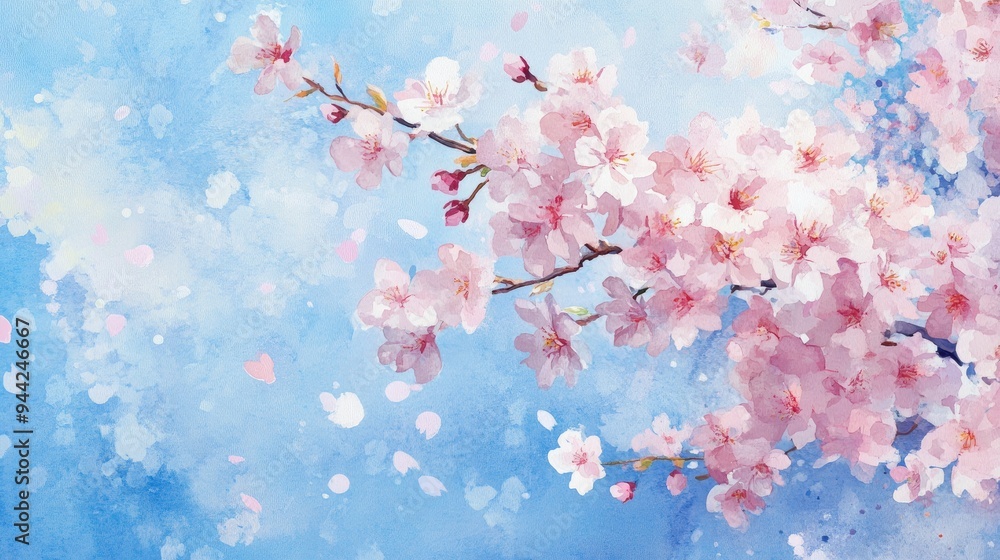 Watercolor illustration of cherry blossom branches against a blue sky with ample copy space Watercolor illustration of cherry blossom branches against a blue sky with ample copy space