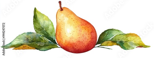 Watercolor illustration of a single pear with leaves isolated on a white background Decorative and flat style