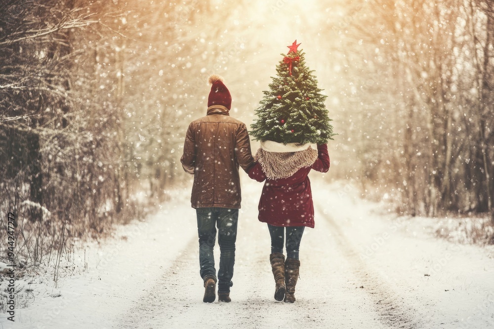 An elderly couple walks through a forest with a Christmas tree An elderly couple walks through a forest with a Christmas tree